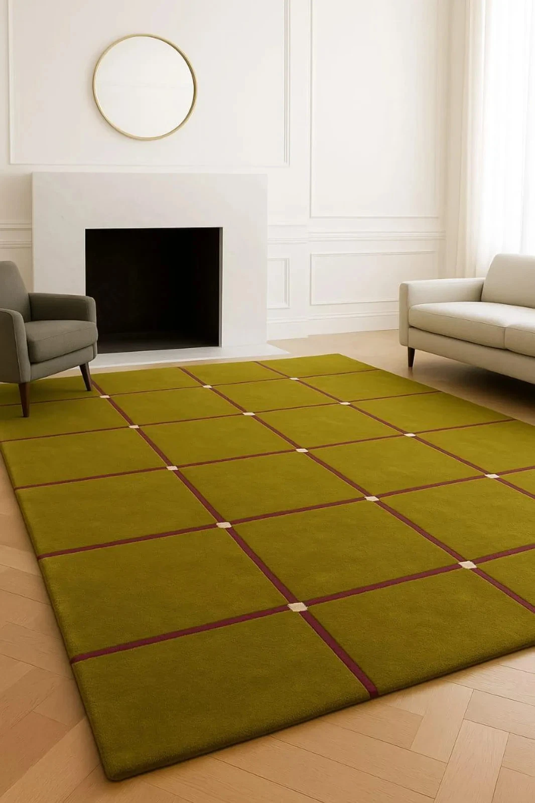 Modern Olive Green Grid Rug Hand Tufted Wool Area Rug Large Geometric Carpet