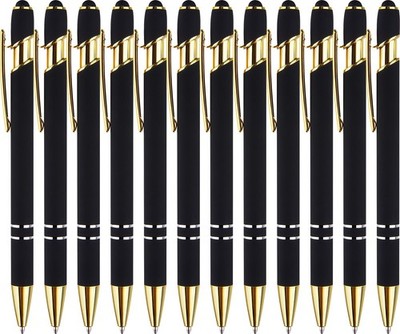 12 Pack Black Gold Ballpoint Pen with Stylus Tip 1.0 Mm Black Ink Smooth Writing