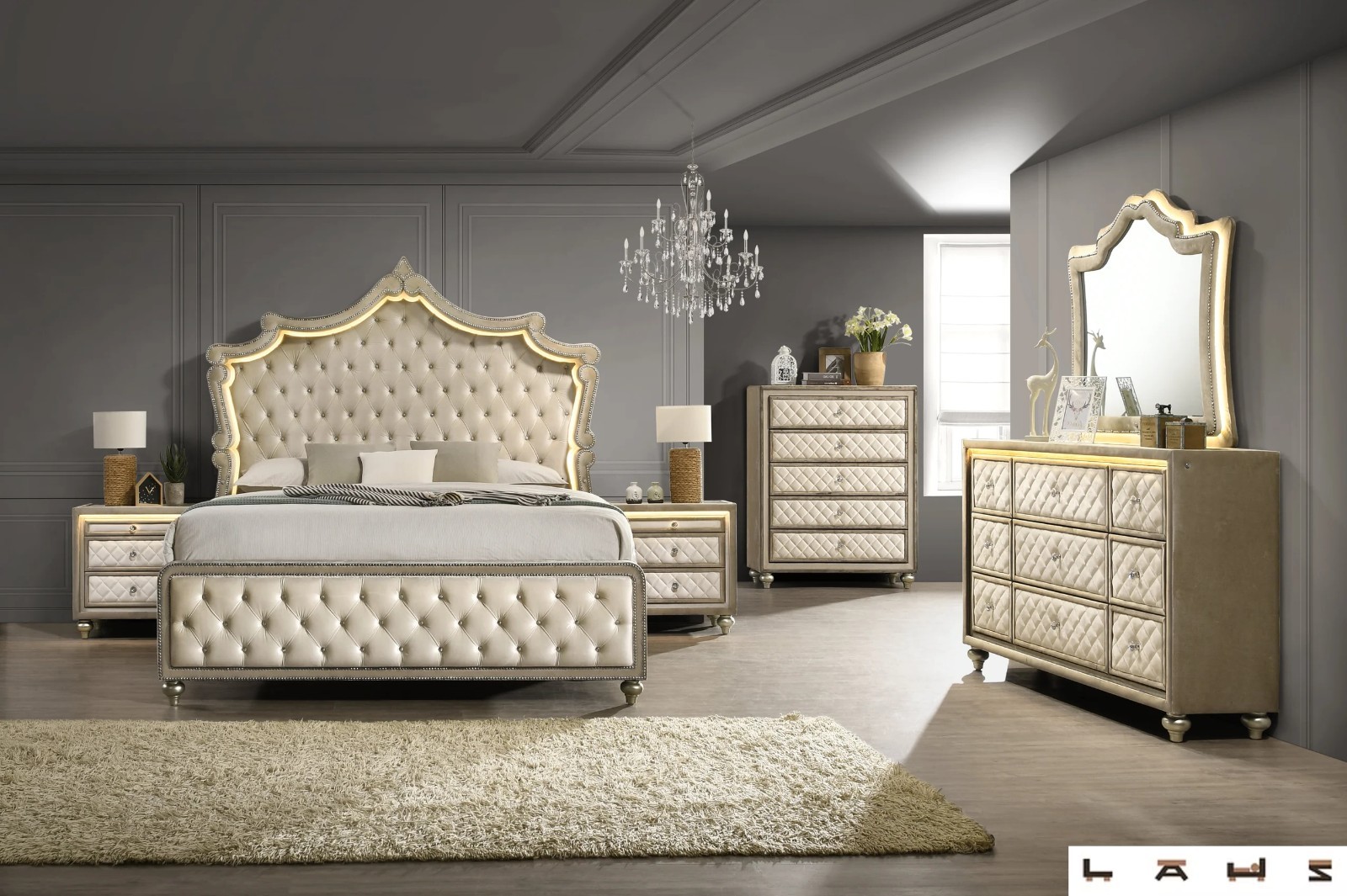 NEW LED Queen King Biege Cream Velvet 5PC Bedroom Set Modern Furniture B/D/M/N/C