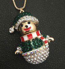 Green Crystal Enamel Christmas Snowman Pendant Long Necklace
