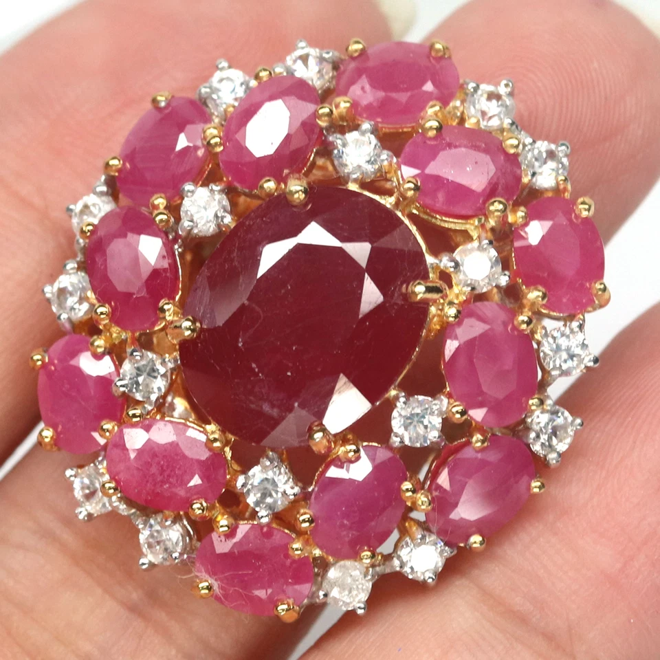 Heated 12 X 15 mm. Red With Pink Ruby & White Zircon Women Ring 925 Silver - Image 2 of 4