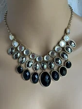 Charming Charlie Black Three Layered Cascade Faceted Bib Statement Necklace 17"