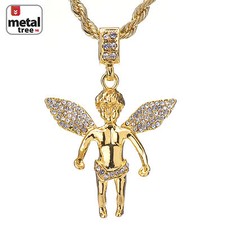 Men's Hip Hop 14K Gold Plated CZ Angel Pendant 24" Rope Chain Necklace HC 1089