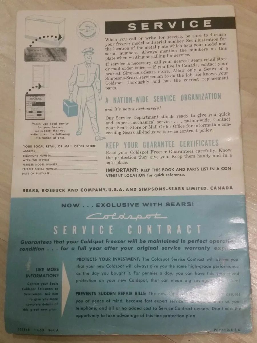 Vintage Sears Coldspot Freezer Owner's Manual Care Operation