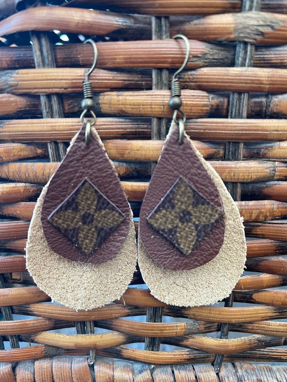 Handmade Upcycle Genuine Leather Louis Vuitton Stack Suede Boho Earrings