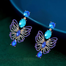 Women's Blue Crystal Rhinestone Butterfly Dangle Stud Earrings