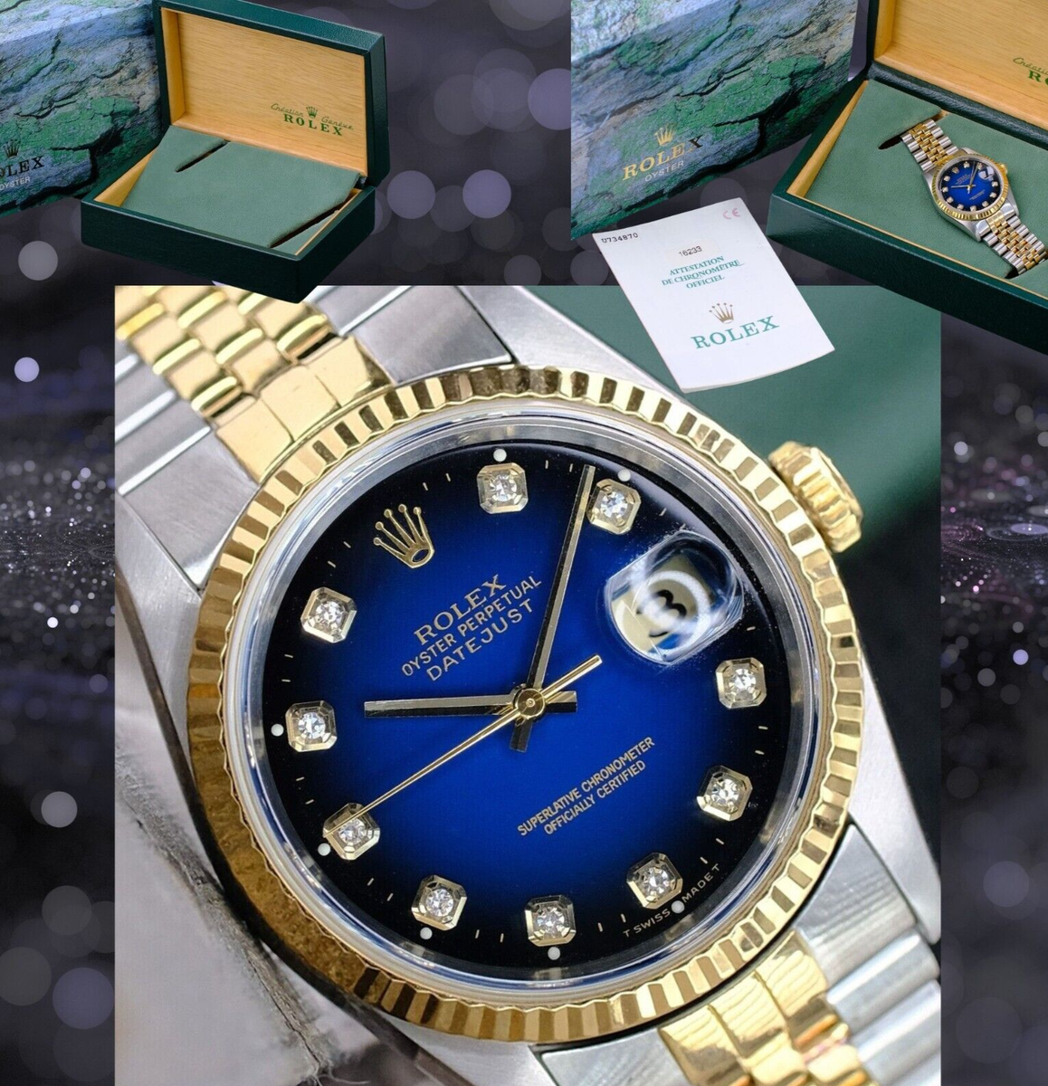 Rolex Datejust 16233 TwoTone Original Blue Vignette Diamond Watch