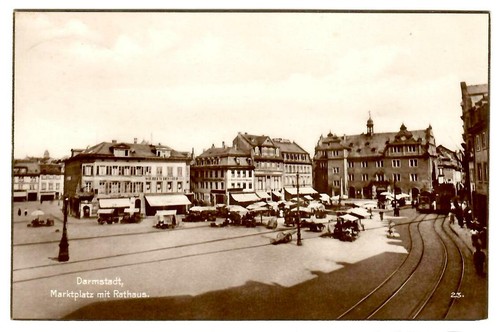 AK Darmstadt Hessen - Marktplatz mit Rathaus - belebt, Wochenmarkt, ca. 1929