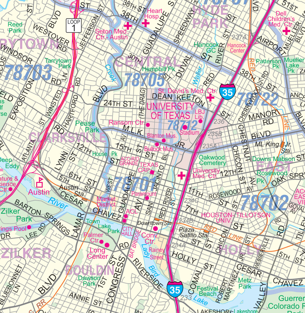 Greater Austin TX Detailed Region Wall Map w/Zip Codes | eBay