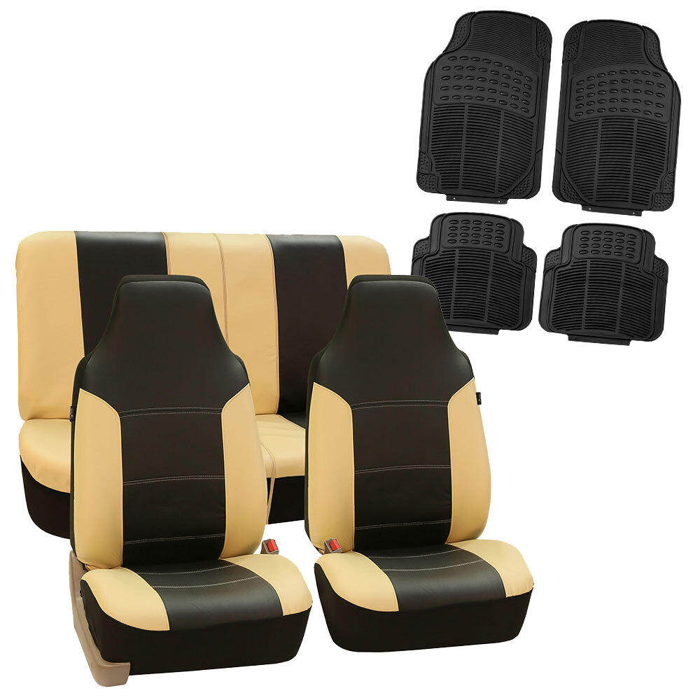 Highback Leather Car Seat Cover With Black Floor Mats for Auto Beige Black