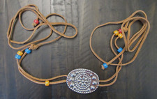 VTG Hammered Metal and Leather Strap Native Beaded Belt