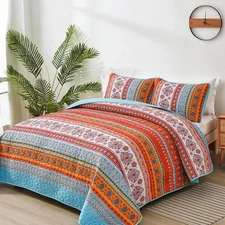 Boho Quilt Set King Size,3 Piece Orange Bohemian Striped Autumn Bedspread Cov 