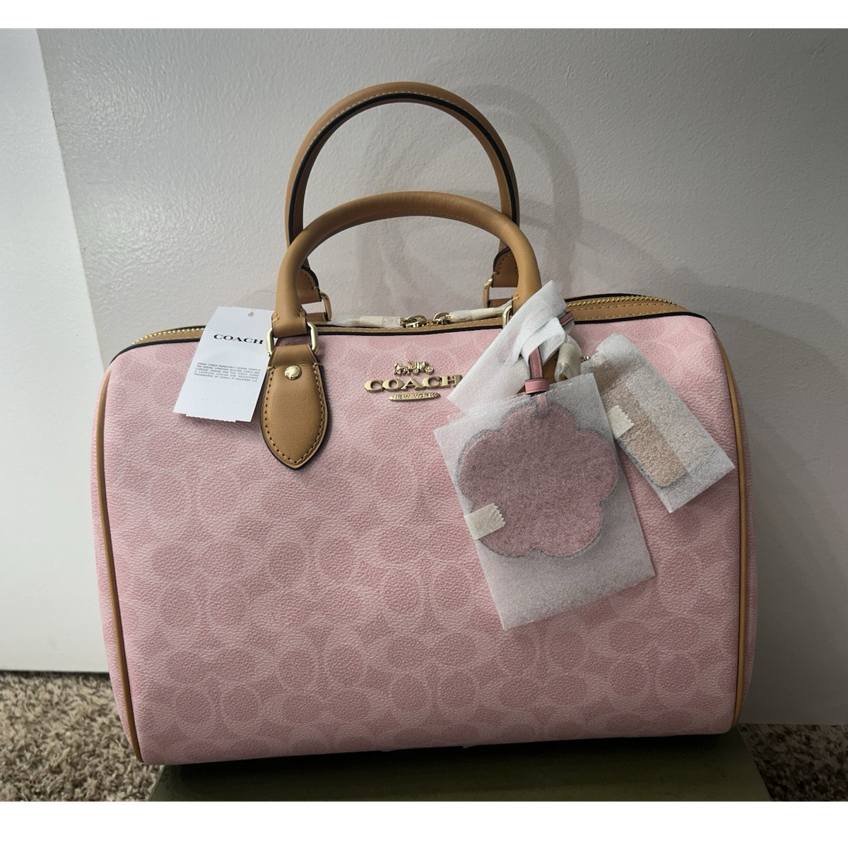 Coach Powder Pink Brown Large Rowan Bag with Charm Gold Hardware