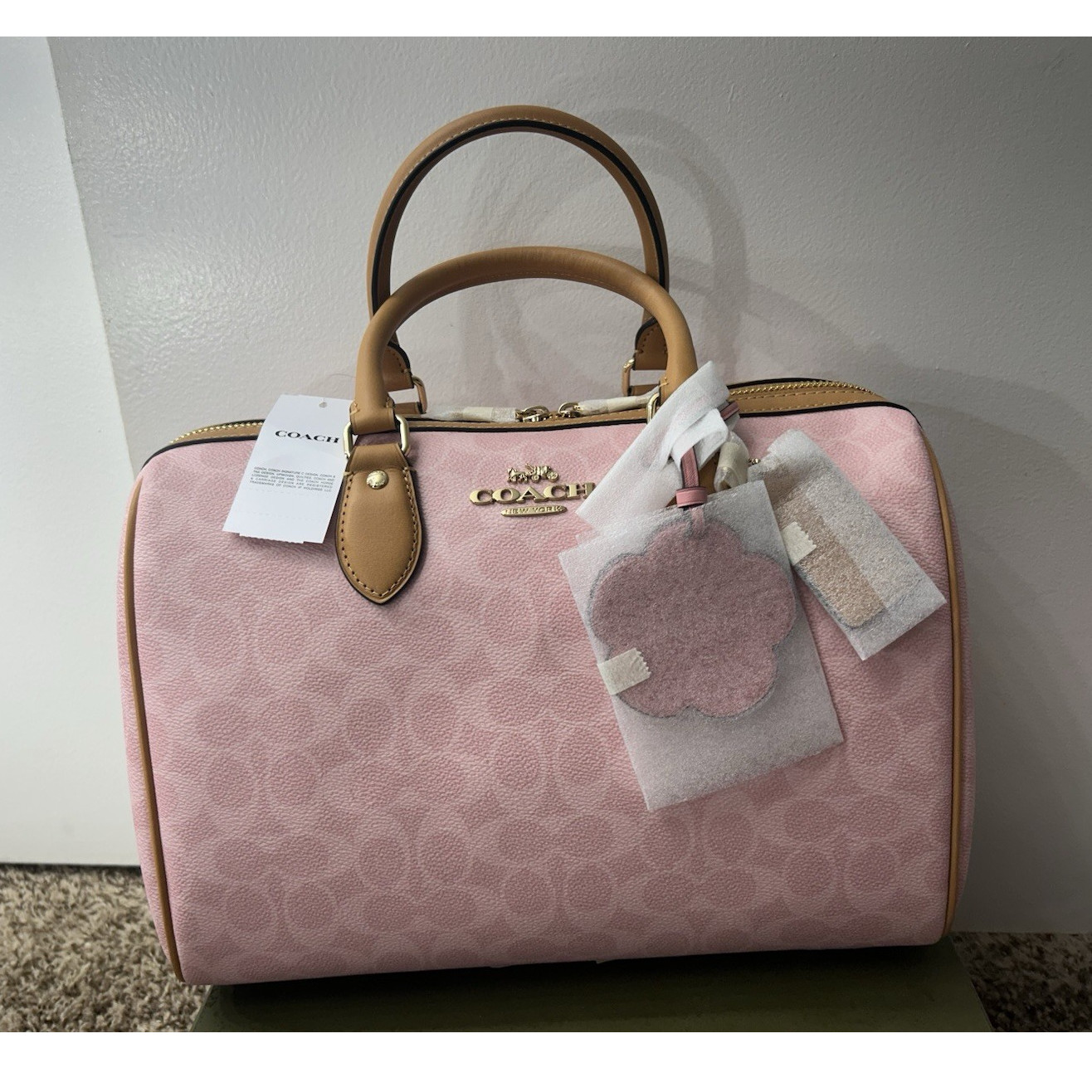 Coach Powder Pink Brown Large Rowan Bag with Charm Gold Hardware