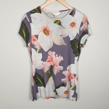 Ted Baker T-Shirt Women Size 3 UK 12 Purple Floral Feminine Stretch Top Designer