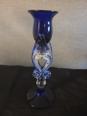 Jozefina Krosno Hand Blown Jelly Fish Octopus Cobalt Blue Art Glass Candlestick