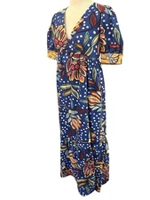 TABITHA BROWN Womens Size 2 Blue Floral Polka Puff Sleeves Pockets Maxi Dress
