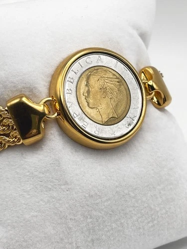 BELLEZZA Two-Tone Lira Coin 3-Row Rope-Link Chain Bracelet - Sm - NWT image 5