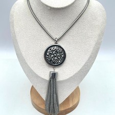 Vintage Silver-Tone Beaded Chain Metal Fringe Round Druzy Pendant Necklace