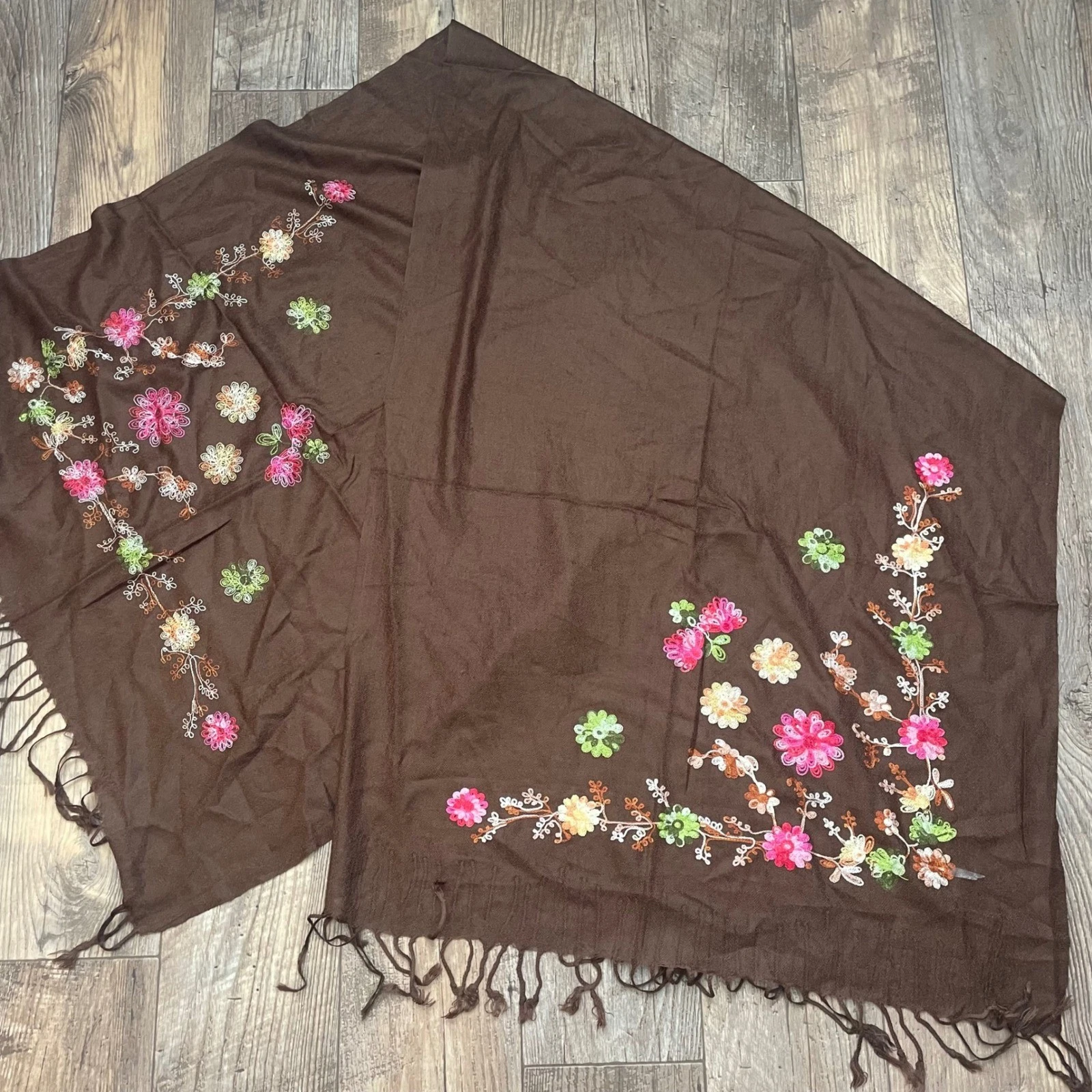 Brown Embroidered Floral Scarf Shawl Wrap Fringe Women's Fashion Accessory