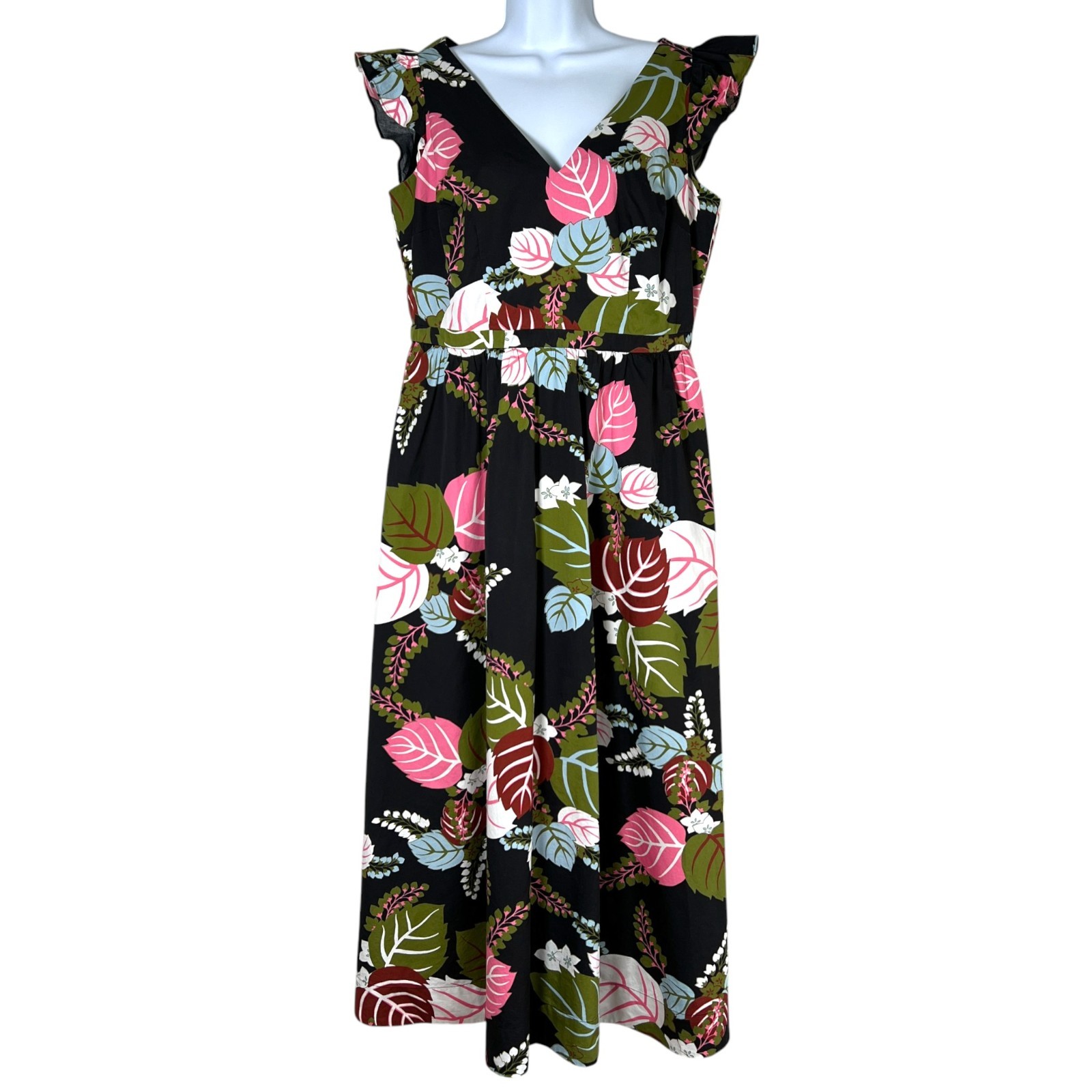 Boden Andrea Frill Sleeve Maxi Dress Leaf Print Size 10R Cottage Boho Romantic