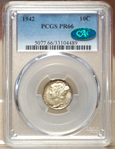1942 PROOF MERCURY DIME PCGS PR66 GREEN CAC STICKER 104489