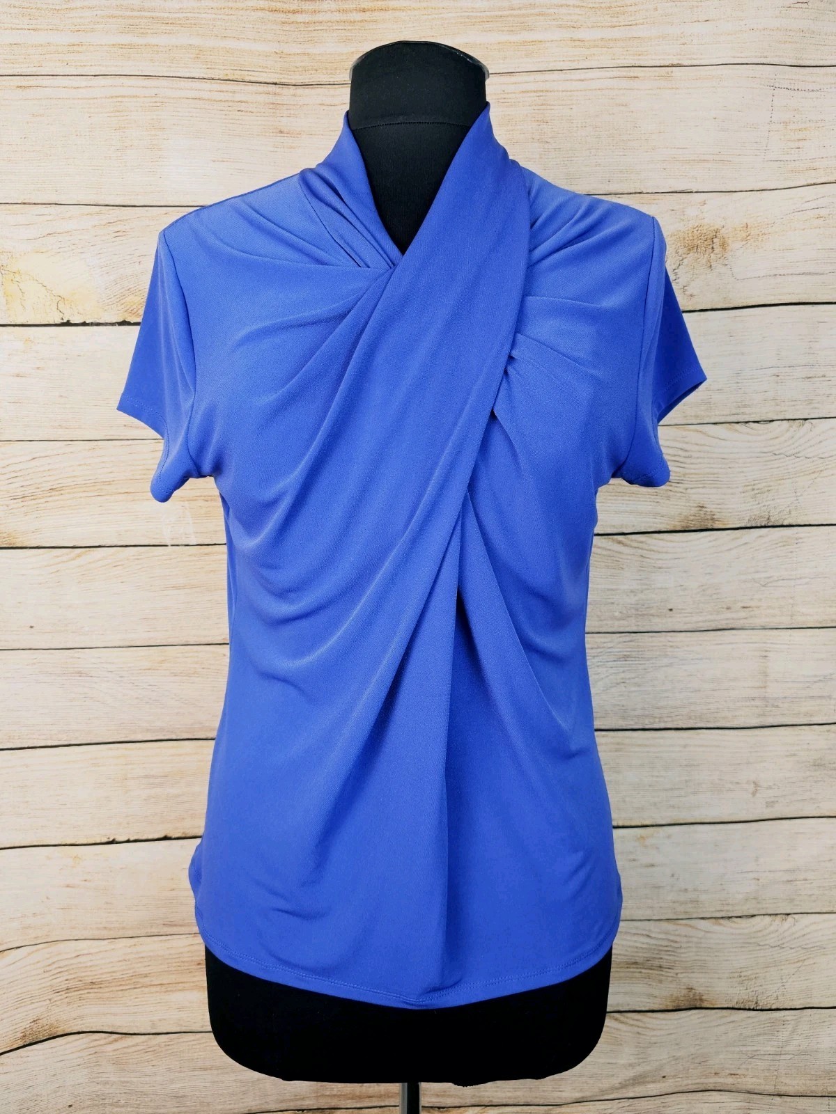 Tahari Twist Front Blue Short Sleeve Shirt Top Size Large