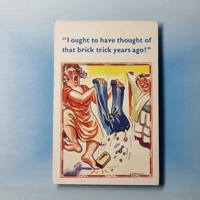 Comic Postkarte um 1930 Frau leert Hose Ziegel Trick Toe Comicus