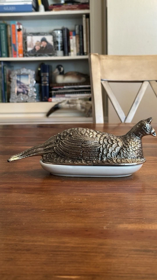 Plato de mantequilla cubierto Pottery Barn? ¿Peltre de faisán? Decoración Cerámica Godinger ¡LEER! Foto 2 de 4