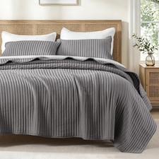 Stripe Quilted Full Queen Quilt Bedding Set Grey Lightweight Bedspreads, Soft