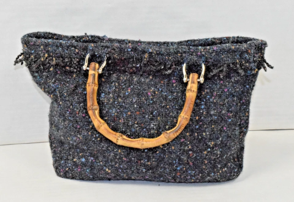 Vintage Wool Hand Bag 60s 70s Minty Pastel Confetti Weave Bamboo Handle 8X12In - Image 4 of 4