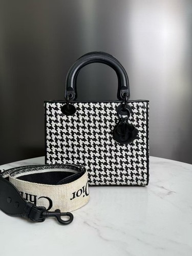 Christian Dior Lady Dior Houndstooth Canvas Black Hardware Two Way Bag
