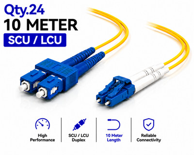 (24) 10 Meter SC/UPC - LC/UPC Duplex Fiber Patch Jumper OS2 SMF Singlemode Cable