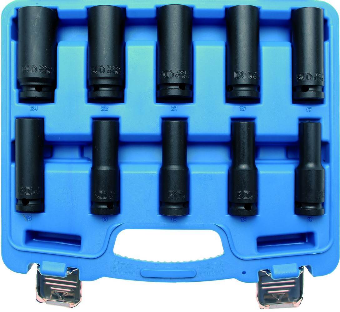 Douilles impact 1/2 pour clé à choc : coffret de 10 douilles longues de 10 à 24 mm en acier CR-V