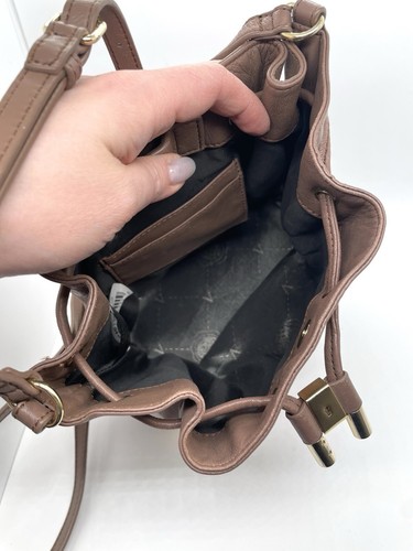 Vince Camuto Taupe Brown Genuine Leather Bucket Shoulder Bag Purse 7x9” - Picture 7 of 8