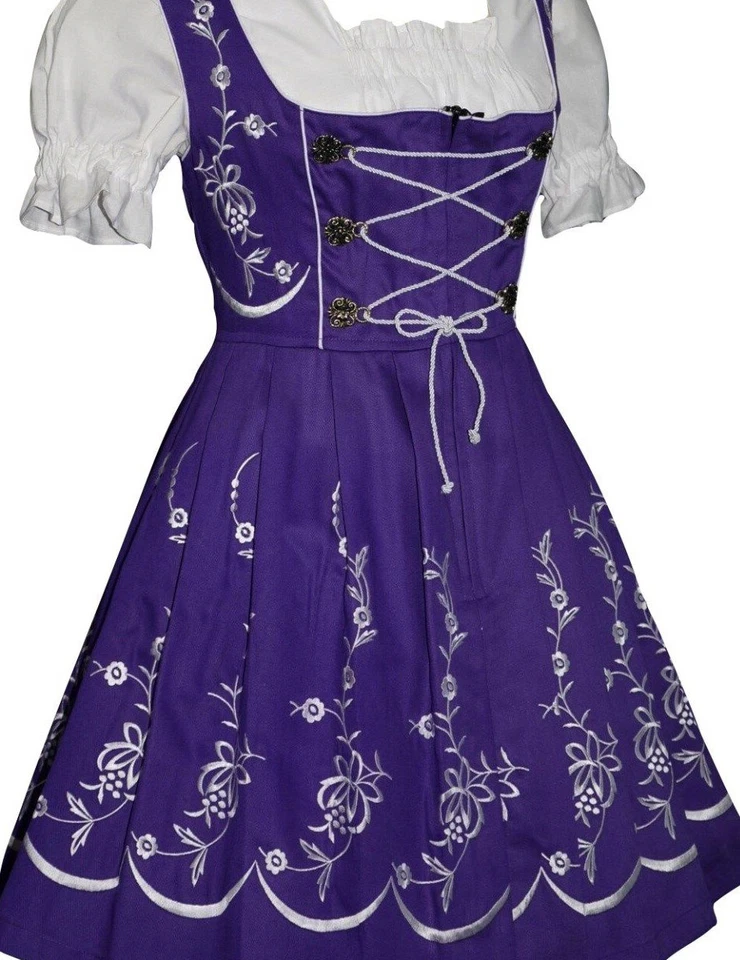 Vestido Alemán Dirndl XS S M L XL 2XL Corto Púrpura Oktoberfest Bordado Juego de 3 piezas Foto 3 de 4