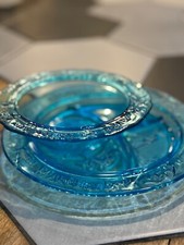 Margery Daw Baby Blue Child Glass Dinner Plate  Bowl Nursery Rhyme Divided Vtg