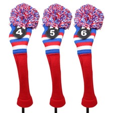Majek Golf Red White Blue 4 5 6 Hybrid Headcovers Pom Pom Knit Classic Look
