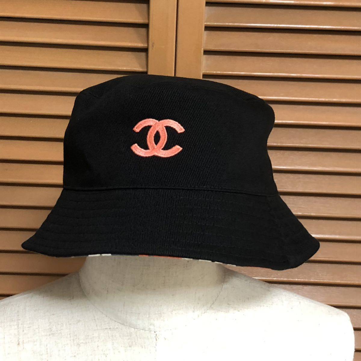 CHANEL Bucket Hat Reversible M23A Black Orange CC Logo with CHANEL Bucket Hat Reversible M23A Black Orange CC Logo with