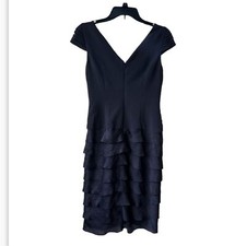 Adrianna Papell Dress Size 4 Navy Blue Tiered Layered Ruffle V Neck Cap Sleeve