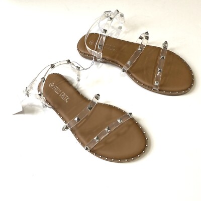 FALLS CREEK New $40 Womens 9 Clear Studded Alpha Strap Adjustable Flat Sandals