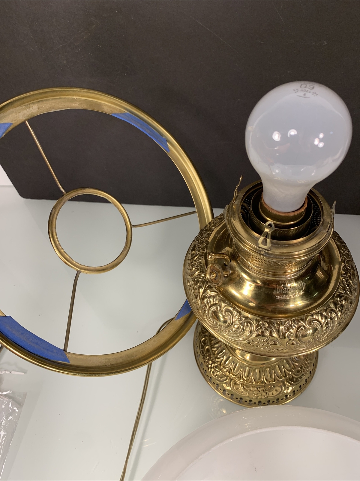 Vintage MILLER Electrified Brass JUNO Oil Lamp White Shade RARE USA eBay