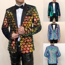 Men Glitter Shiny Scale Sequin Blazer Jacket Coat Lapel Suit Fancy Dress Clothes