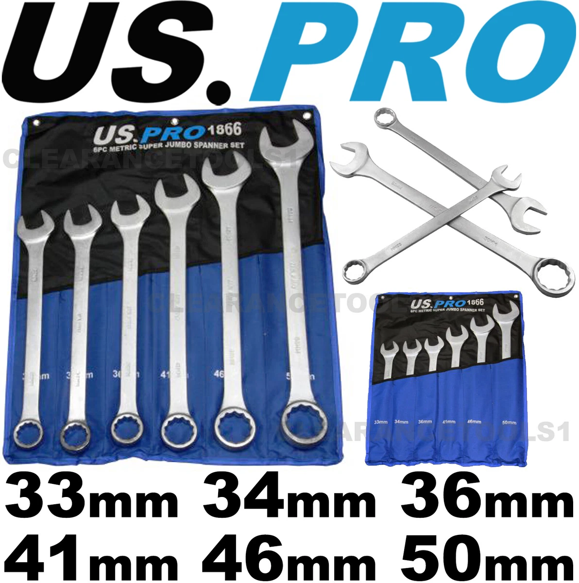 US PRO 6 piece Super Jumbo Combination Spanner Set Wrench 33mm 50mm 1866 US.PRO