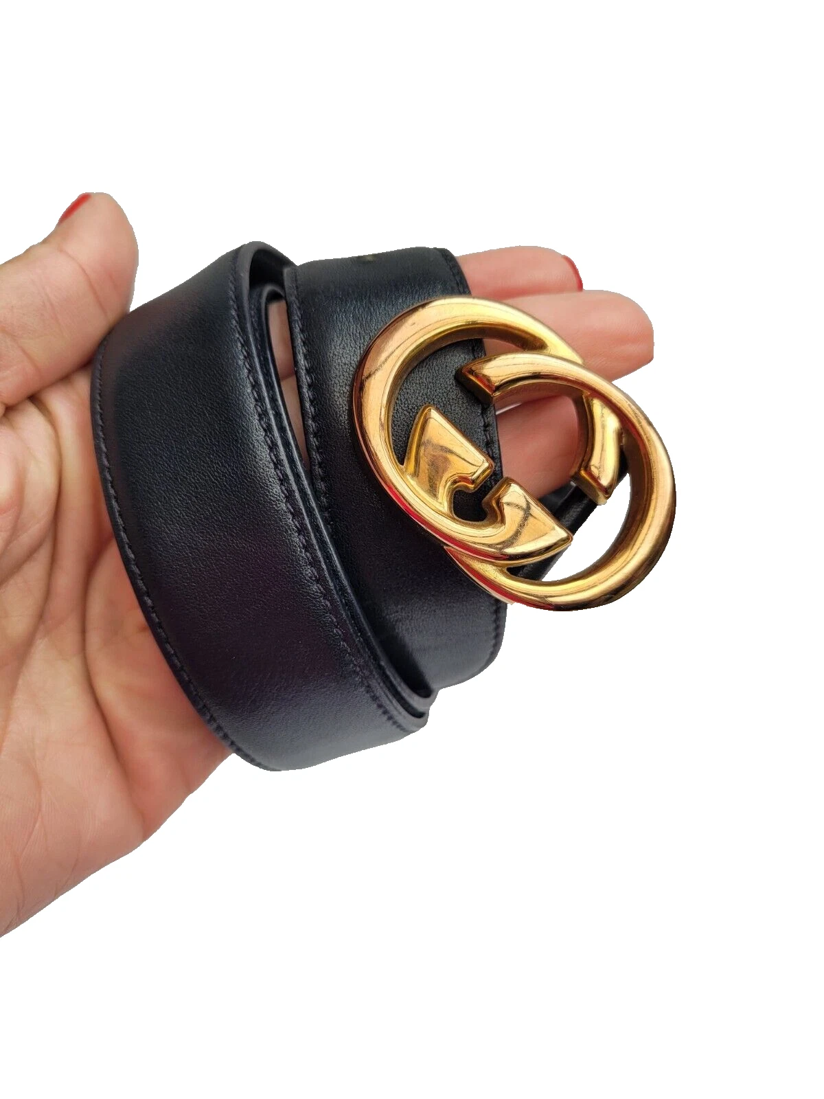 Ceinture en cuir Gucci GG logo vintage très foncé marine, presque noir.