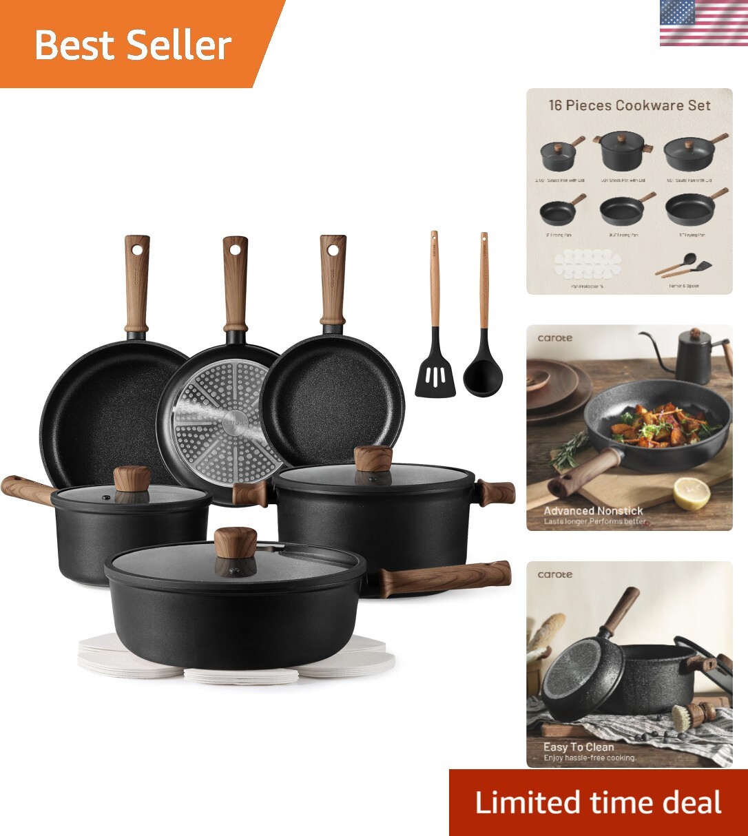 Nonstick 16-Piece Cookware Set with Pots and Pans for Kitchen Cooking
