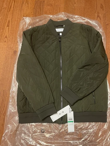 CALVIN KLEIN Men's Quilted Baseball Jacket Olive Green Rib Knit Trim Size M/L/XL