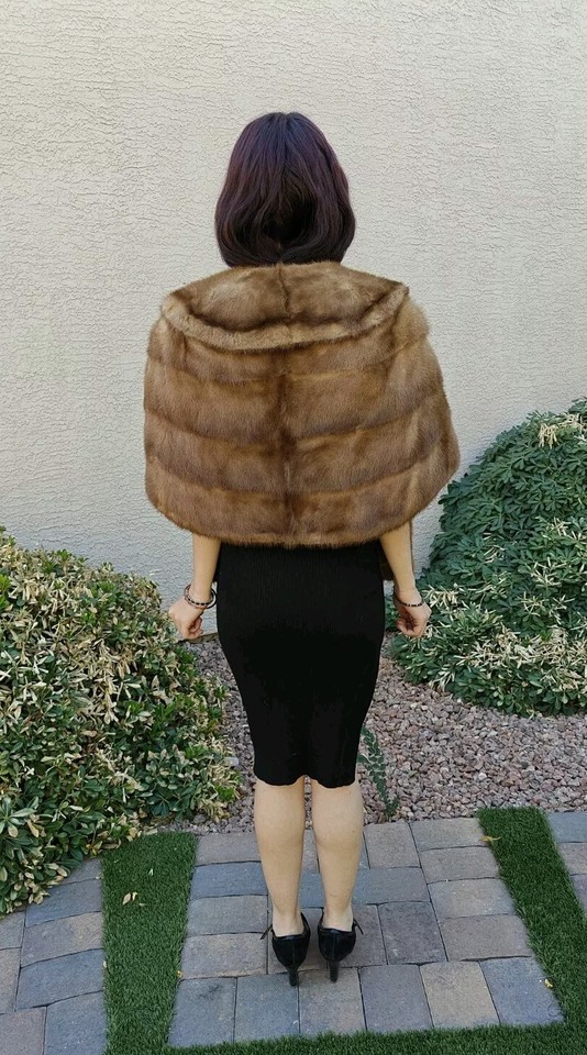 GENUINE NATURAL PASTEL BROWN MINK REAL FUR STOLE COAT WOMEN'S WRAP FULL