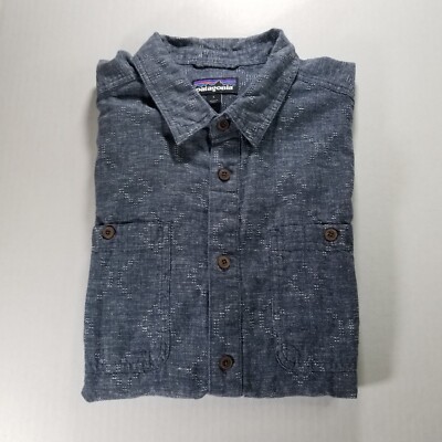 Patagonia Shirt Mens Large Back Step Blue Button Up Hemp Cotton Geometric Short