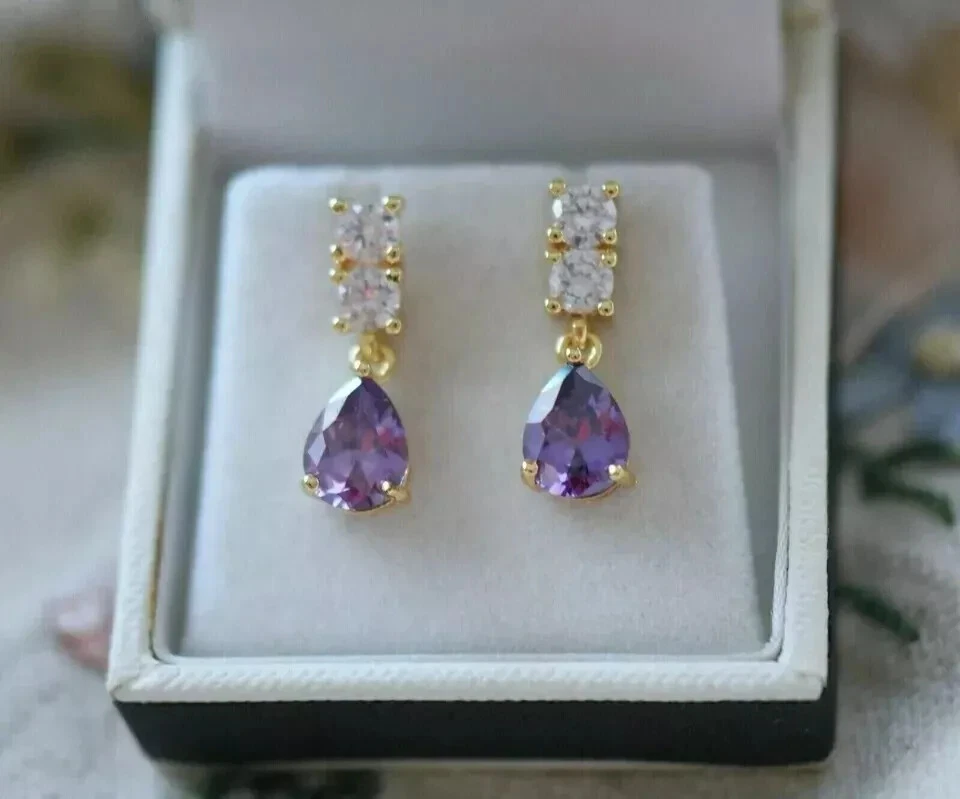 2.2Ct Pear Simulated Purple Amethyst Drop Dangle Earrings 14K Yellow Gold Plated - Image 4 of 4